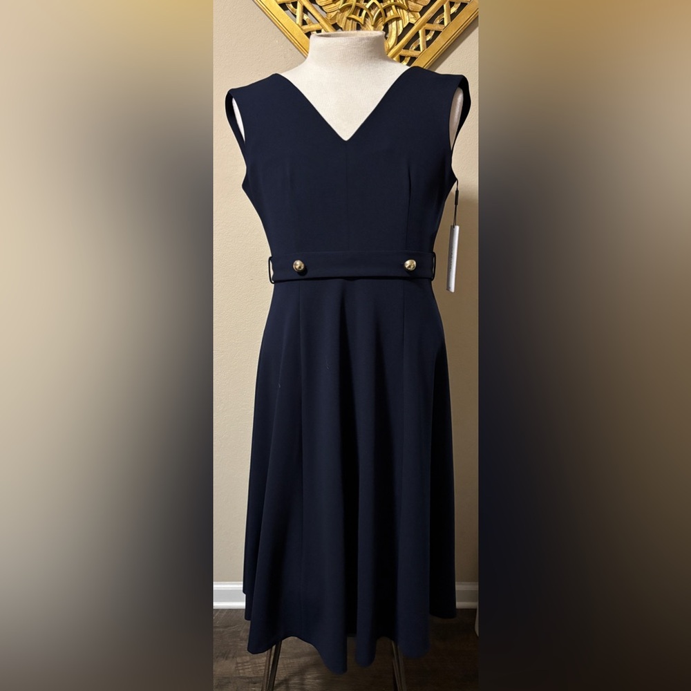 NWT Calvin Klein Dress Navy Blue V-Neck Fit&Flare Gold Accents Women's Size 8